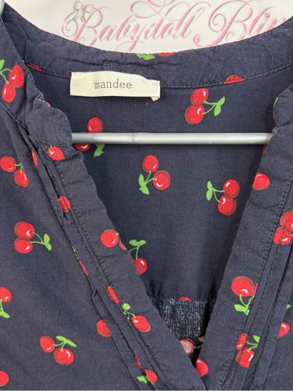 mandee blouse cherries 🍒 printed flowy shirt Navy Blouse with Red Cherry Print - Picture 6 of 11